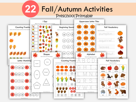 Autumn Activities, Autumn Activity Book, Preschool Worksheets Printable, Fall Busy Book, Fall Words, Coloring Pages, Alphabet, Number, WWF380