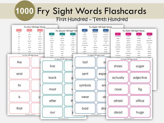 Sight Words Flashcards for Kindergarten, 1000 Printable Fry Sight Word Cards, High Frequency Words, First Hundred to Tenth Hundred, WWF381