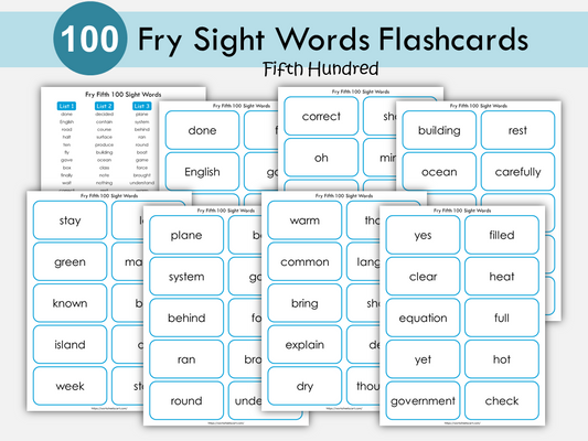 Sight Words Flashcards for Kindergarten, 100 Printable Fry Fifth Hundred Word Cards, High Frequency Words, Word Practice, Grade1  Reading, WWF382