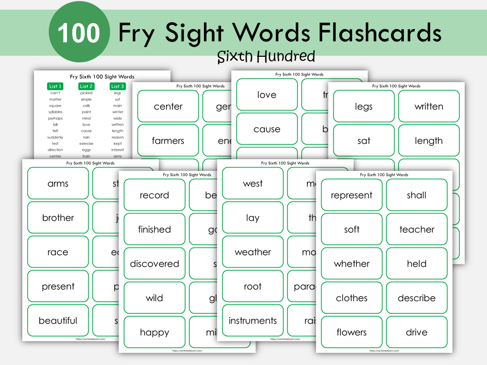 Sight Word Flashcards, Kindergarten-1st Grade Sight Words, 100 Printable Fry Sixth Hundred Word Cards, High Frequency Words Flashcards, WWF383