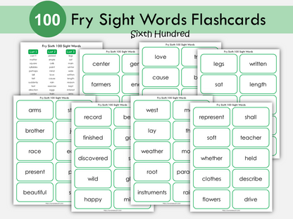 Sight Word Flashcards, Kindergarten-1st Grade Sight Words, 100 Printable Fry Sixth Hundred Word Cards, High Frequency Words Flashcards, WWF383