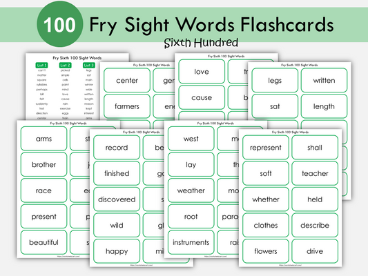 Sight Word Flashcards, Kindergarten-1st Grade Sight Words, 100 Printable Fry Sixth Hundred Word Cards, High Frequency Words Flashcards, WWF383