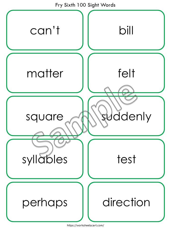 Sight Word Flashcards, Kindergarten-1st Grade Sight Words, 100 Printable Fry Sixth Hundred Word Cards, High Frequency Words Flashcards, WWF383