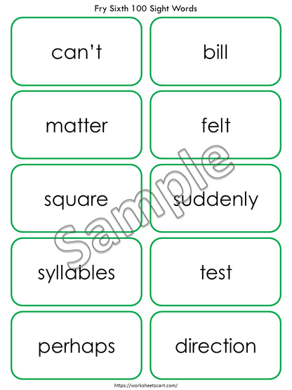 Sight Word Flashcards, Kindergarten-1st Grade Sight Words, 100 Printable Fry Sixth Hundred Word Cards, High Frequency Words Flashcards, WWF383