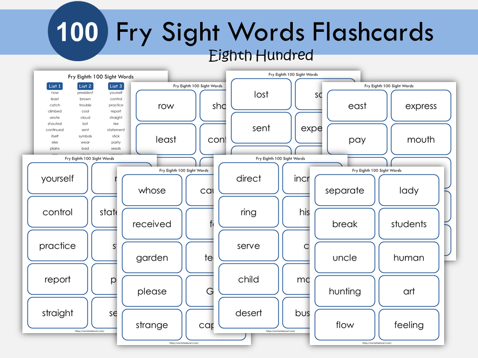 Sight Words Flashcards for Kindergarten, 100 Printable Fry Eighth Hundred Word Cards, High Frequency Words, Word Practice, Grade2  Reading, WWF385