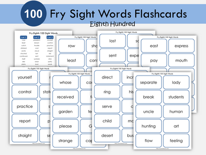 Sight Words Flashcards for Kindergarten, 100 Printable Fry Eighth Hundred Word Cards, High Frequency Words, Word Practice, Grade2  Reading, WWF385