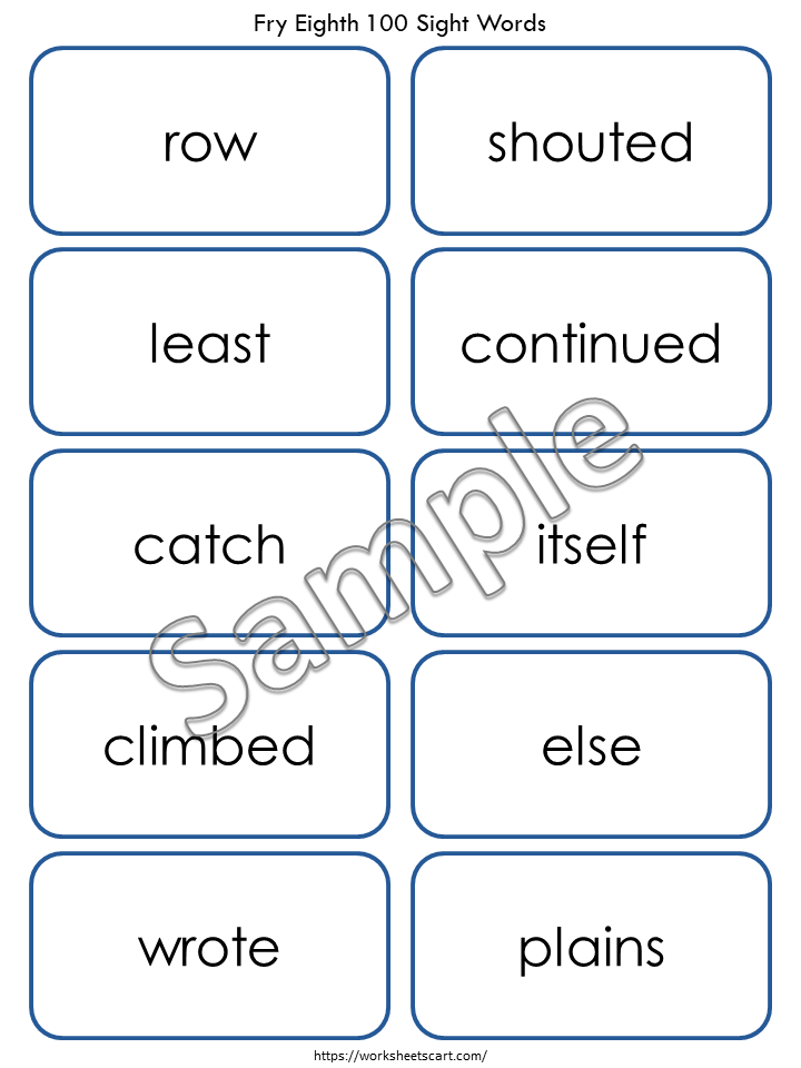 Sight Words Flashcards for Kindergarten, 100 Printable Fry Eighth Hundred Word Cards, High Frequency Words, Word Practice, Grade2  Reading, WWF385