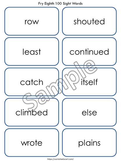 Sight Words Flashcards for Kindergarten, 100 Printable Fry Eighth Hundred Word Cards, High Frequency Words, Word Practice, Grade2  Reading, WWF385