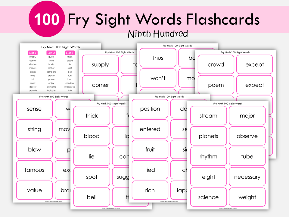 Sight Words Flashcards, 100 Printable Fry Ninth Hundred Word Cards, High Frequency Words, Kindergarten Word Practice, Grade 2,3, Reading, WWF386