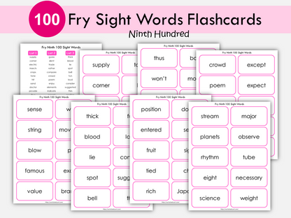 Sight Words Flashcards, 100 Printable Fry Ninth Hundred Word Cards, High Frequency Words, Kindergarten Word Practice, Grade 2,3, Reading, WWF386