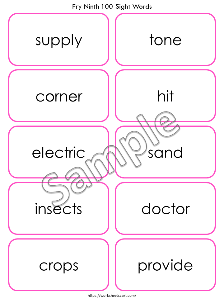 Sight Words Flashcards, 100 Printable Fry Ninth Hundred Word Cards, High Frequency Words, Kindergarten Word Practice, Grade 2,3, Reading, WWF386