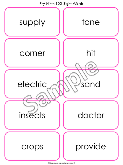 Sight Words Flashcards, 100 Printable Fry Ninth Hundred Word Cards, High Frequency Words, Kindergarten Word Practice, Grade 2,3, Reading, WWF386