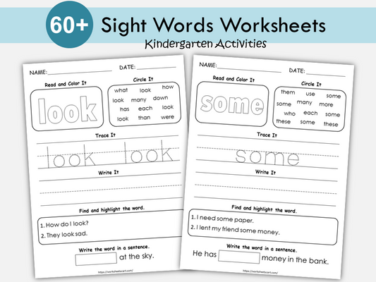 60 Printable Sight Words Bundle, Kindergarten Sight Word Worksheets, Preschool Activity Pages, Sight Word Practice, Handwriting and Spelling, WWF395