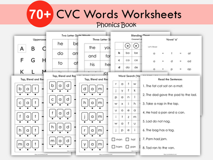 CVC Words Worksheets, Phonics Book, Words Family Busy Book, Sight Words Practice, Kindergarten Learn to Read, Homeschool Resources For Kids, WWF396