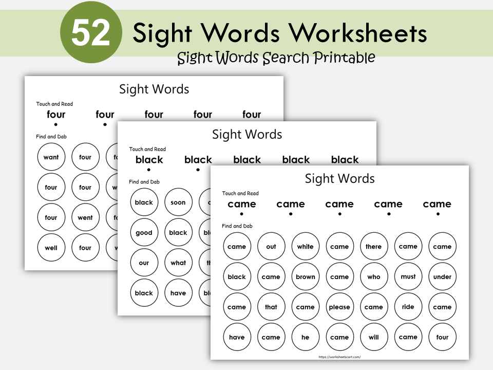 Sight Words Worksheets Printable, Kindergarten Activities, 52 Kindergarten Dolch Sight Words, Dab It Worksheets, Instant Download, WWF397