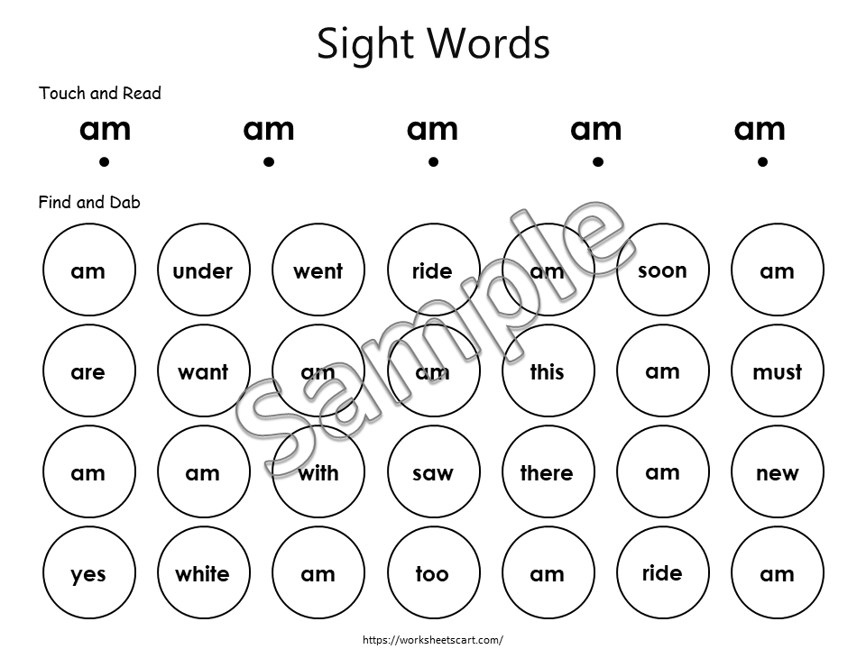 Sight Words Worksheets Printable, Kindergarten Activities, 52 Kindergarten Dolch Sight Words, Dab It Worksheets, Instant Download, WWF397