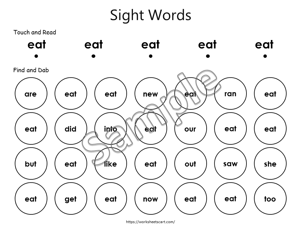 Sight Words Worksheets Printable, Kindergarten Activities, 52 Kindergarten Dolch Sight Words, Dab It Worksheets, Instant Download, WWF397