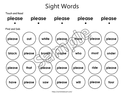 Sight Words Worksheets Printable, Kindergarten Activities, 52 Kindergarten Dolch Sight Words, Dab It Worksheets, Instant Download, WWF397