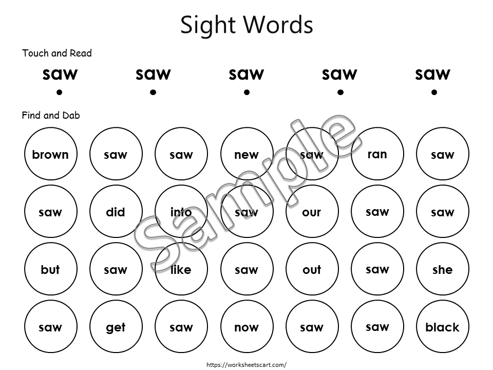 Sight Words Worksheets Printable, Kindergarten Activities, 52 Kindergarten Dolch Sight Words, Dab It Worksheets, Instant Download, WWF397