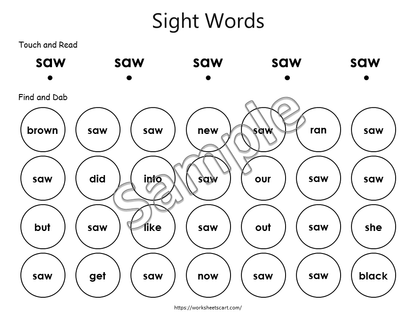 Sight Words Worksheets Printable, Kindergarten Activities, 52 Kindergarten Dolch Sight Words, Dab It Worksheets, Instant Download, WWF397