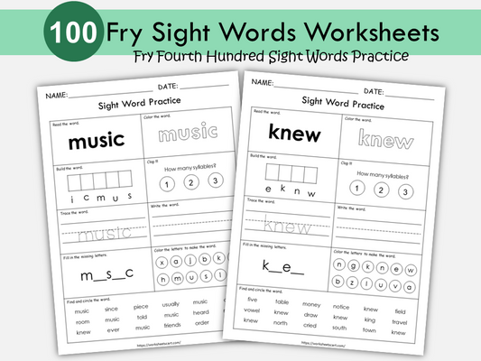 100 Printable Sight Words Worksheets, Fry Fourth Hundred Sight Word Work, Learn to Read, Phonics Practice Book, Toddler Spelling, Grade 1,2, WWF398