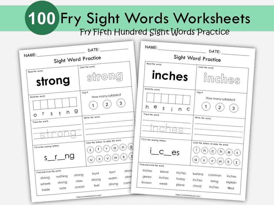 100 Printable Sight Words Worksheets, Fry Fifth Hundred Sight Word Work, Learn to Read, Phonics Practice Book, Toddler Spelling, Grade 1,2, WWF399