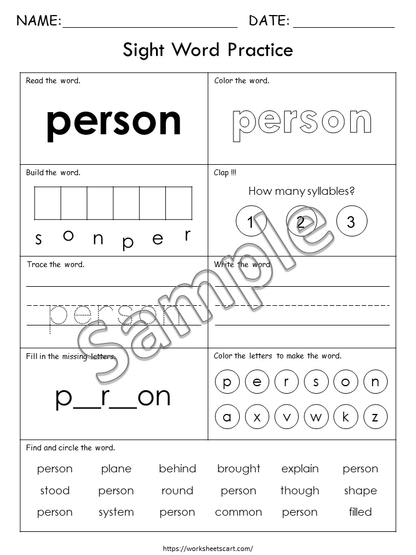 100 Printable Sight Words Worksheets, Fry Fifth Hundred Sight Word Work, Learn to Read, Phonics Practice Book, Toddler Spelling, Grade 1,2, WWF399