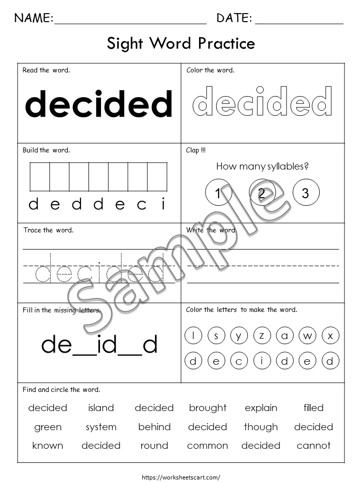 100 Printable Sight Words Worksheets, Fry Fifth Hundred Sight Word Work, Learn to Read, Phonics Practice Book, Toddler Spelling, Grade 1,2, WWF399