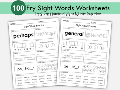 100 Printable Sight Words Worksheets, Fry Sixth Hundred, Sight Words Workbook, Learn to Read, Phonics Book, Toddler Spelling, Grade 1,2, WWF402