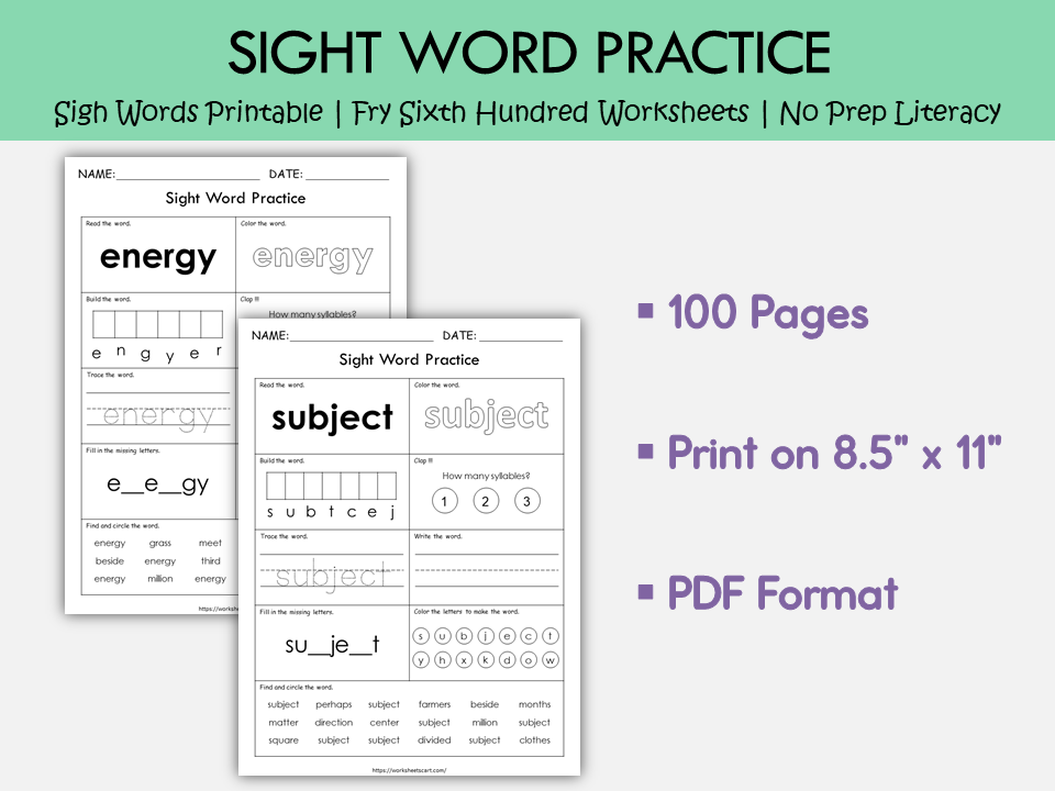 Fry Sixth Hundred Sight Words Worksheets Printable for Reading Practice, WWF402