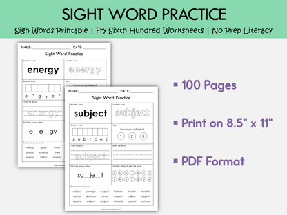 Fry Sixth Hundred Sight Words Worksheets Printable for Reading Practice, WWF402