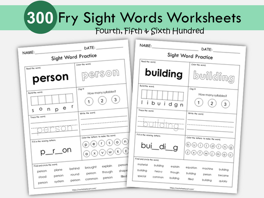 300 Printable Fry Sight Words Worksheets, Sight Words Workbook, Fourth, Fifth & Sixth Hundred, Kindergarten, Grade 1, 2, 3, 4, 5, Homeschool, WWF403