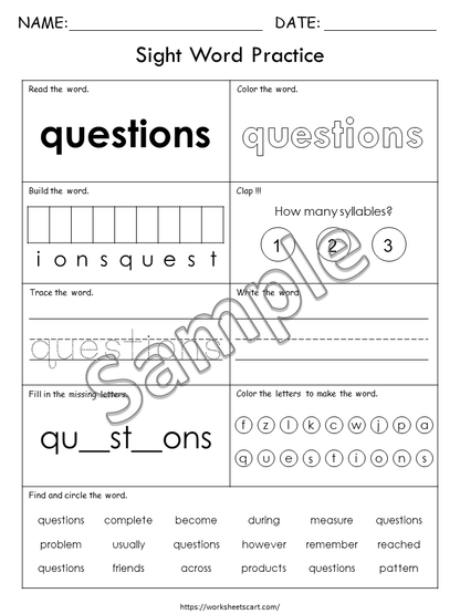 300 Printable Fry Sight Words Worksheets, Sight Words Workbook, Fourth, Fifth & Sixth Hundred, Kindergarten, Grade 1, 2, 3, 4, 5, Homeschool, WWF403