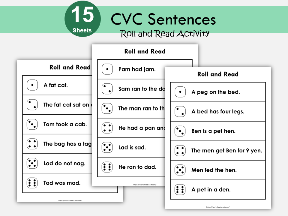 Roll and Read CVC Words Sentences Printable, PreK CVC Words, Kindergarten Reading Fluency, Homeschool, Instant Download, WWF412