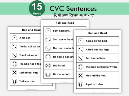 Roll and Read CVC Words Sentences Printable, PreK CVC Words, Kindergarten Reading Fluency, Homeschool, Instant Download, WWF412