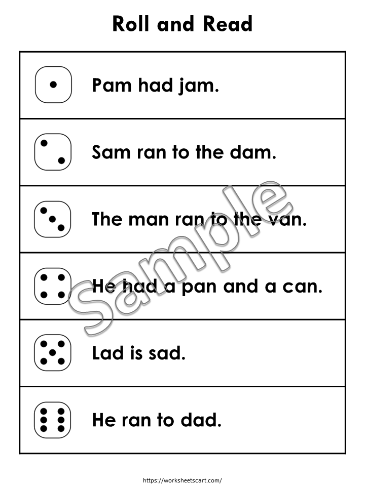 Roll and Read CVC Words Sentences Printable, PreK CVC Words, Kindergarten Reading Fluency, Homeschool, Instant Download, WWF412