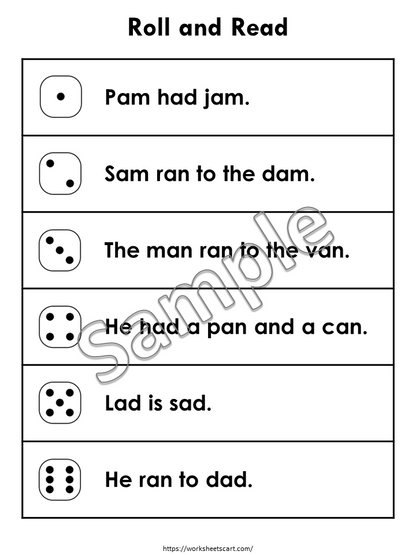 Roll and Read CVC Words Sentences Printable, PreK CVC Words, Kindergarten Reading Fluency, Homeschool, Instant Download, WWF412