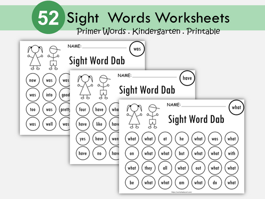 Sight Words Dab It Worksheets Printable, Kindergarten Activities, 52 Kindergarten Dolch Sight Words Practice, Instant Download, WWF415