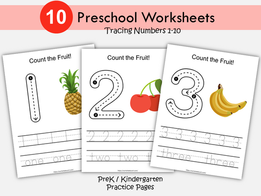 Preschool and Pre-K Number Tracing Worksheets, Numbers 1-10, Count the Fruit, Number Tracing Poster, Counting, Writing, Instant Download, WWF421