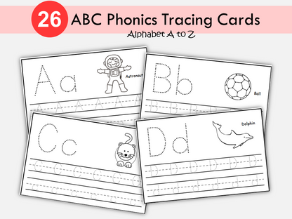 26 ABC Phonics Tracing Cards, Alphabet Tracing Cards, Preschool-Kindergarten Handwriting, Upper & lowercase, Letter Trace, WWF424