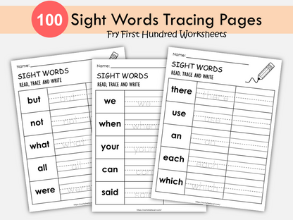 100 Printable Sight Words, Kindergarten Fry First 100 Sight Word Worksheets, 1st Grade Handwriting, Homeschool Spelling Activities, WWF430