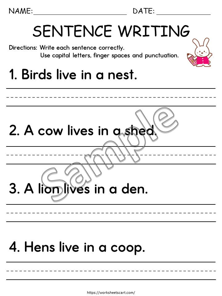 Sentence Latter's 25 Sentence Writing Practice Worksheets | Capital Letters, Finger Spac ...