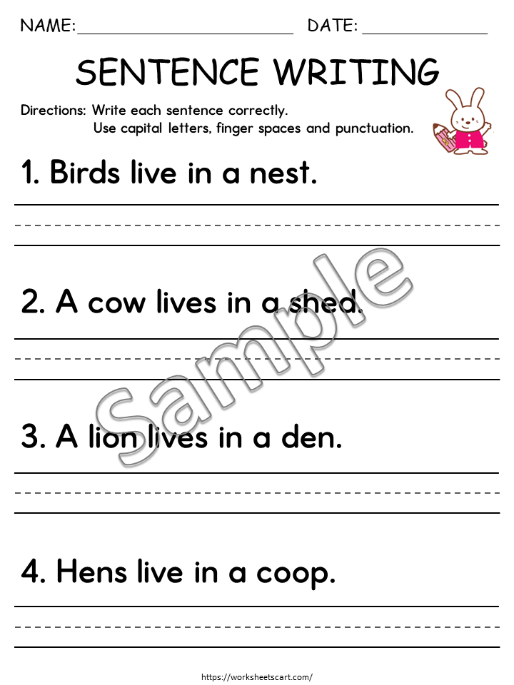 25 Printable Write the Sentence Worksheets, Sentence Writing Worksheets, Writing Sentences Activity, Kindergarten, 1st-2nd-3rd Grade ELA, WWF436