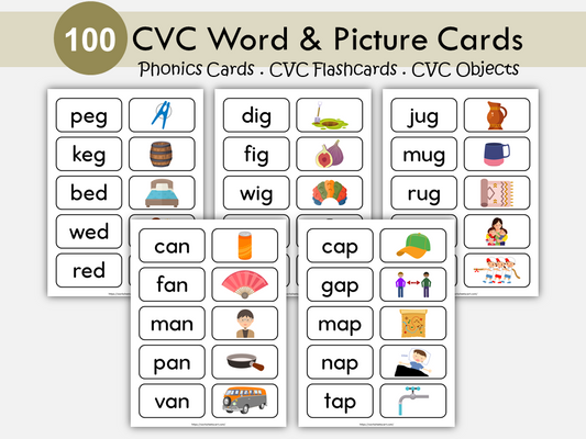 CVC Flashcards, CVC Words for Kids, Phonics Cards, CVC Word Family, Objects, Short Vowels, Kindergarten Reading Activity, First Grade, WWF437