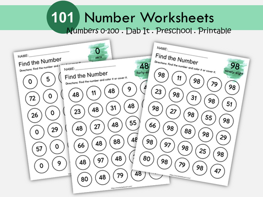 Number Worksheets, Preschool Printable, Kindergarten Math, Numbers to 100, Dab It, Number Search, Instant Download, PreK, Homeschool, WWF440