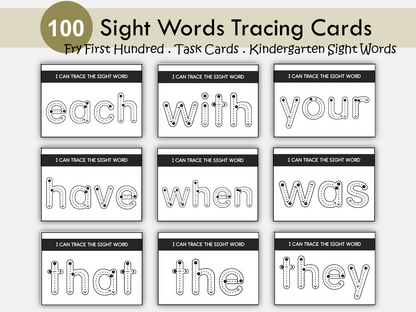 100 Printable Fry's First Hundred Sight Word Tracing Cards, Sight Words Flashcards, Task Cards, Kindergarten-1st Grade, High Frequency Words, WWF441