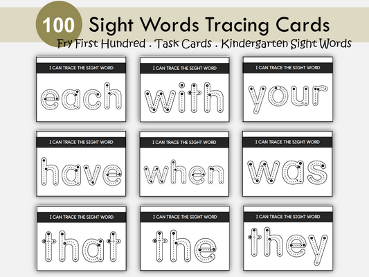 100 Printable Fry's First Hundred Sight Word Tracing Cards, Sight Words Flashcards, Task Cards, Kindergarten-1st Grade, High Frequency Words, WWF441