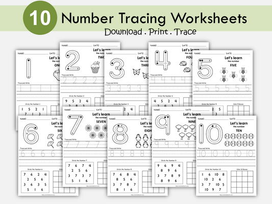 1-10 Number Tracing, Preschool Worksheet Printable, Handwriting Practice, Kindergarten Worksheets, Learning Numbers, Instant Download, WWF443