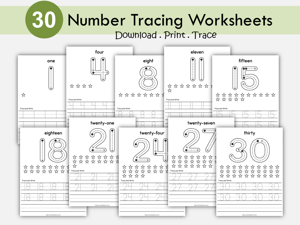 30 Number Tracing Worksheets, Traceable Numbers, Preschool Worksheets, 1-30 Printable Number Tracing, Kids Tracing, Handwriting Practice, WWF444