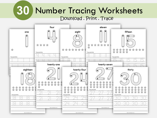 30 Number Tracing Worksheets, Traceable Numbers, Preschool Worksheets, 1-30 Printable Number Tracing, Kids Tracing, Handwriting Practice, WWF444